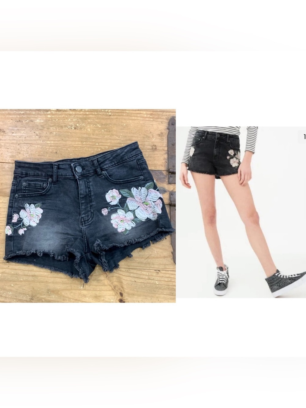 Aéropostale High Waisted Shorty Embroidered Floral Washed Black Denim Shorts 4